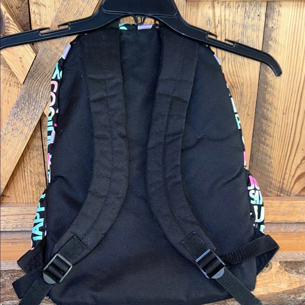 Justice Girls Multicolor Graphic Colorful Glitter and Black Text Backpack